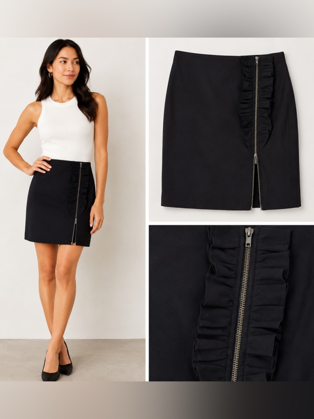 Banana Republic Ruffle Zip Pencil Skirt Black Stretch Size 8